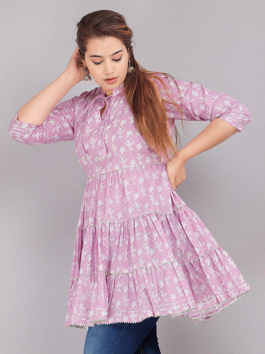 Pink Floral Screen Print Tie-Up Neck Tiered Tops