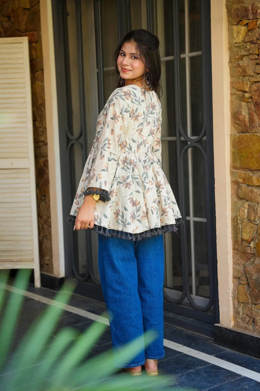 Cream color Cotton Tops Screen Printed