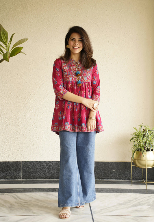 Pink Floral Pure Cotton printed Kurti