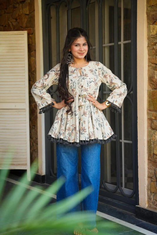 Cream color Cotton Tops Screen Printed