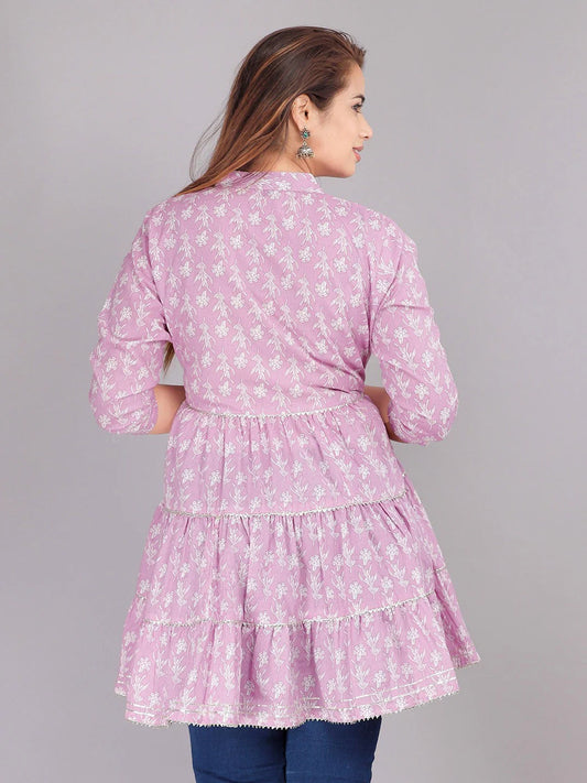 Pink Floral Screen Print Tie-Up Neck Tiered Tops