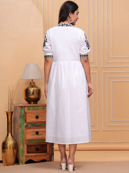 Floral Embroidered Thread Work Empire Puff Sleeves Anarkali Kurta