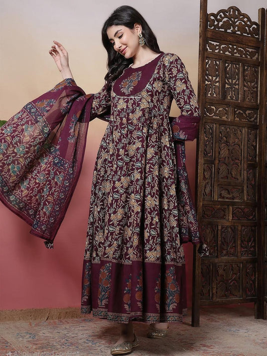 Women Burgundy Pure Cotton Kurta Sets