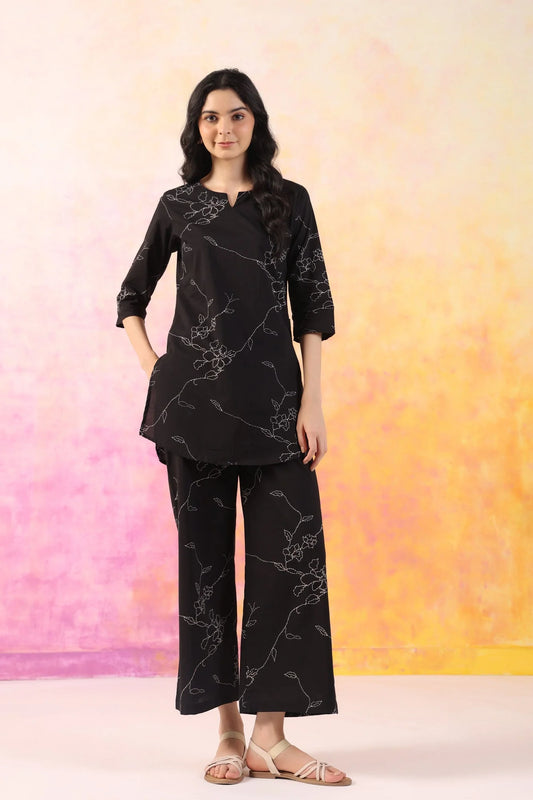 Floral Black screen print cotton co-ord set